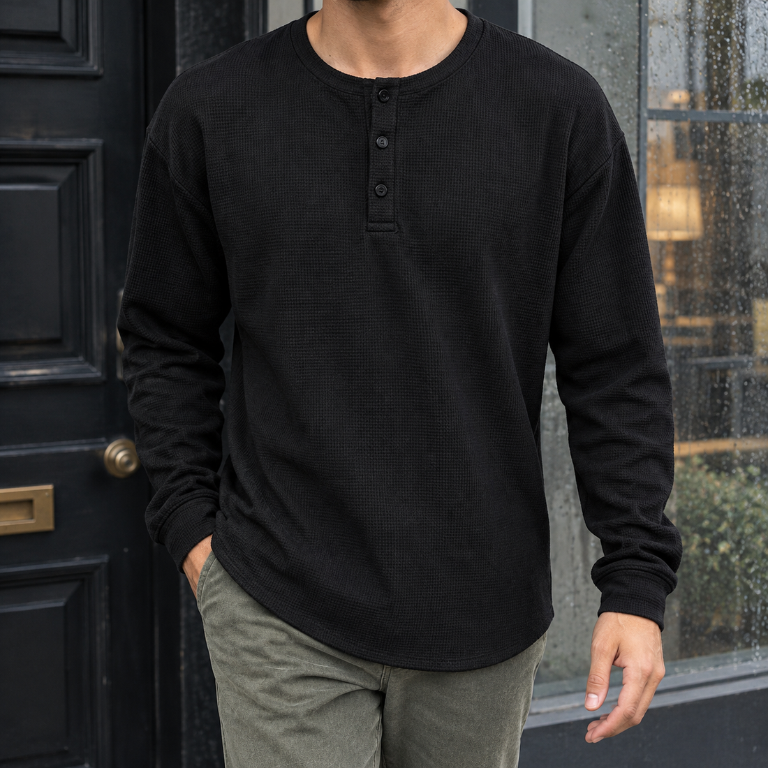 Sylvester Waffle Henley - Black