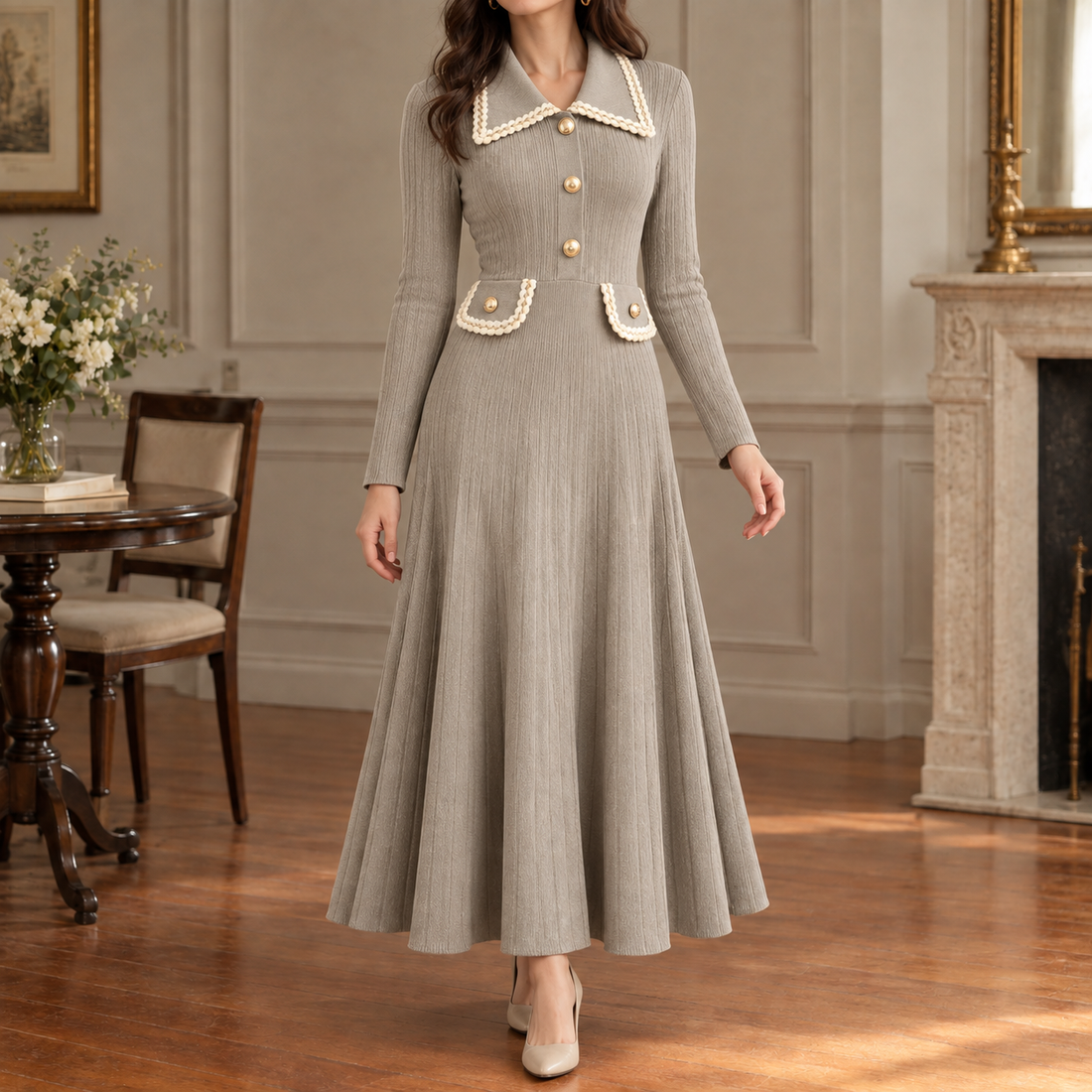 Cosima Ribbed Midi Dress - Light Brown
