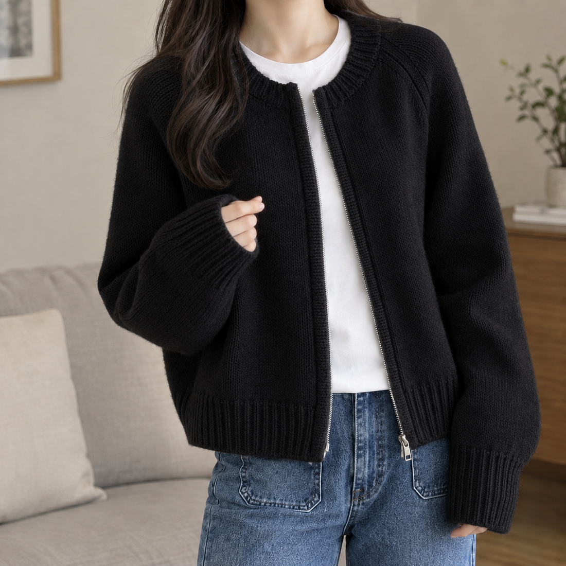 Honoria Zip Cardigan - Black