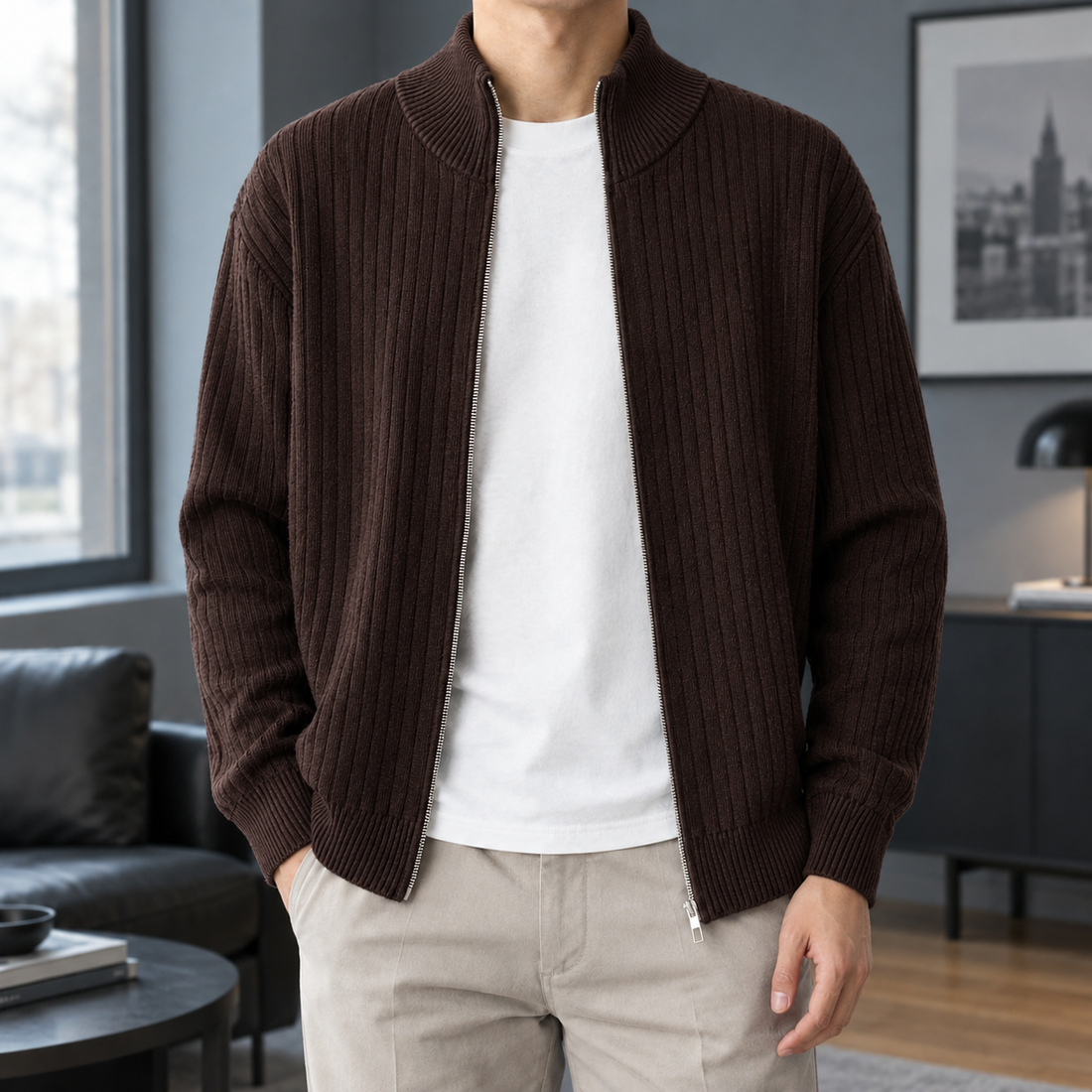 Claude Ribbed Knit Jacket - Dark Brown