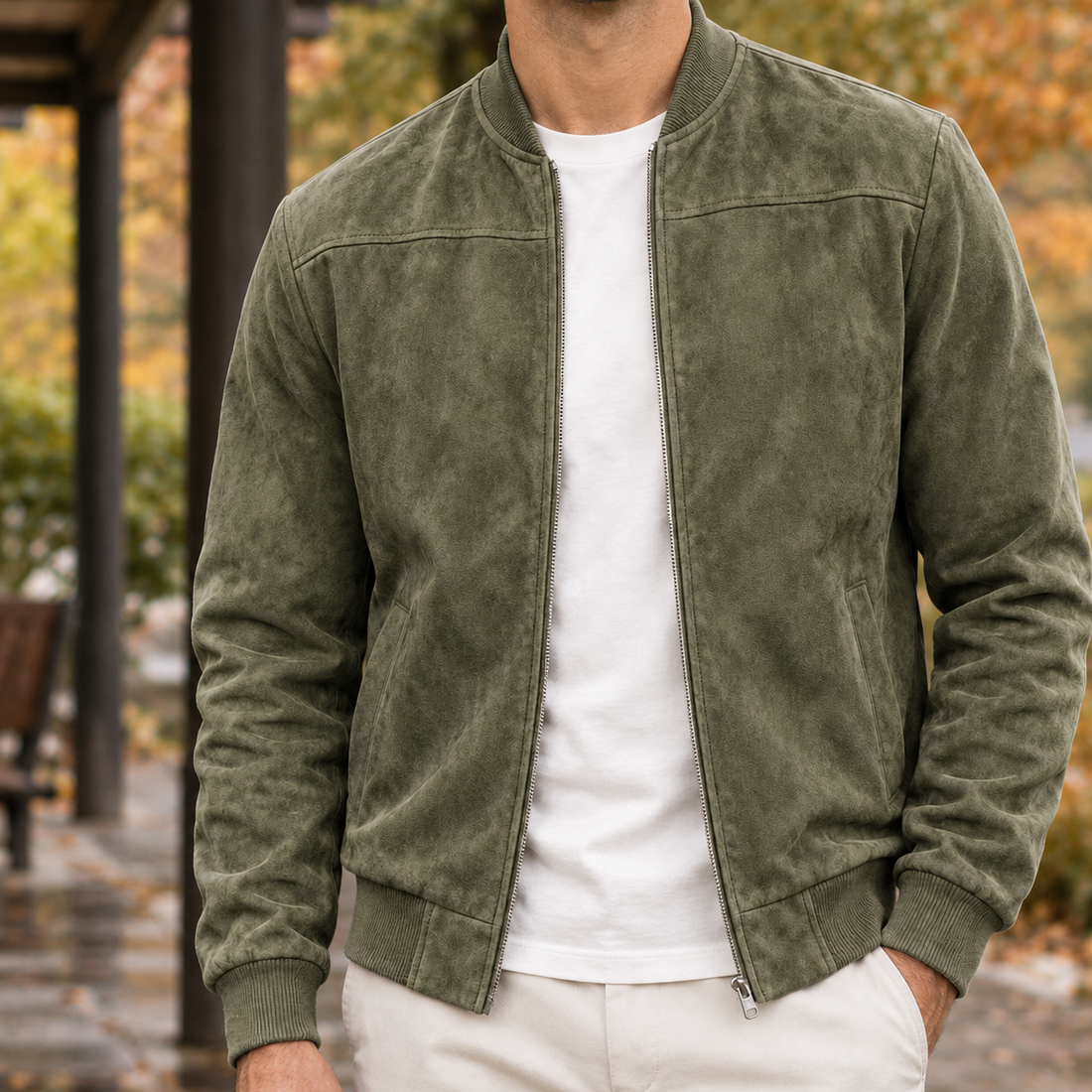 Reece Suede Bomber Jacket - Army Green