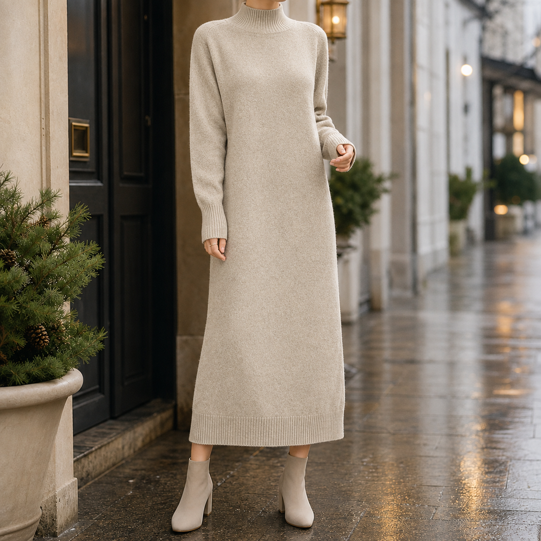 Kiera Mock Neck Dress - Oatmeal