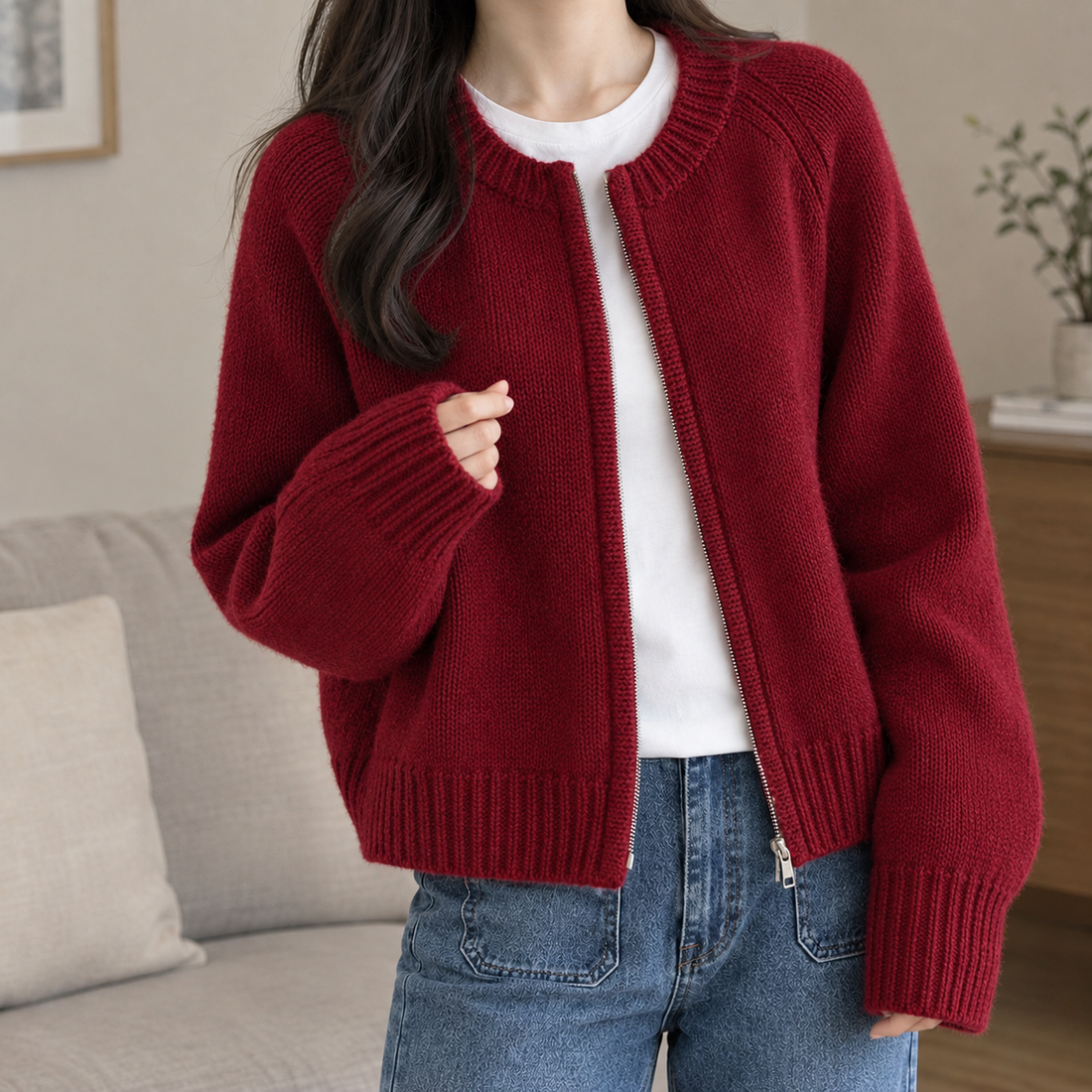 Honoria Zip Cardigan - Red
