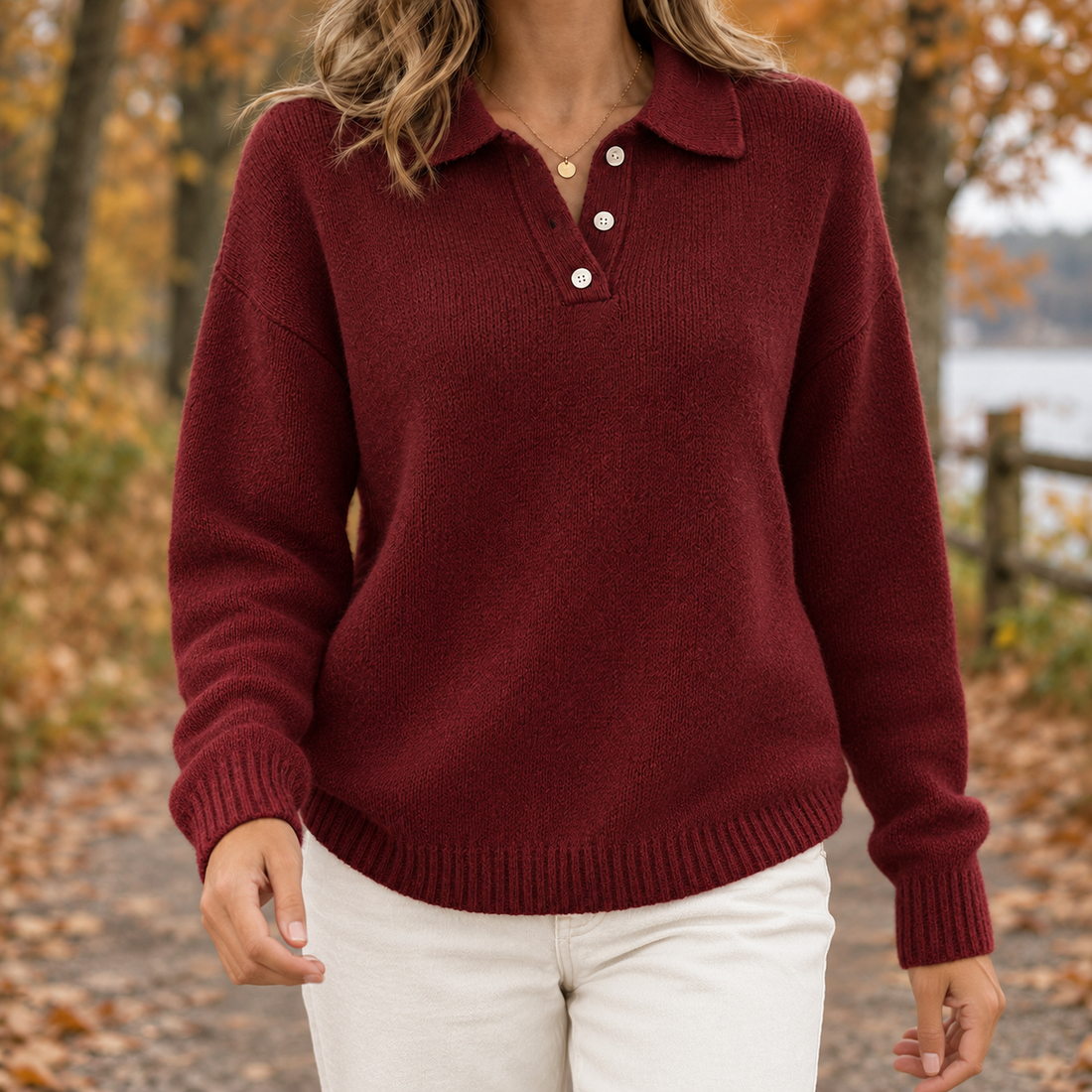 Danielle Relaxed Polo Sweater - Wine Red