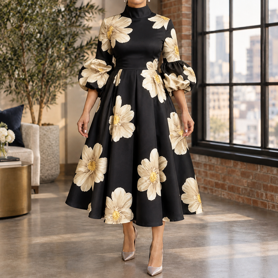Violet Floral Midi Dress - Black Cream Floral