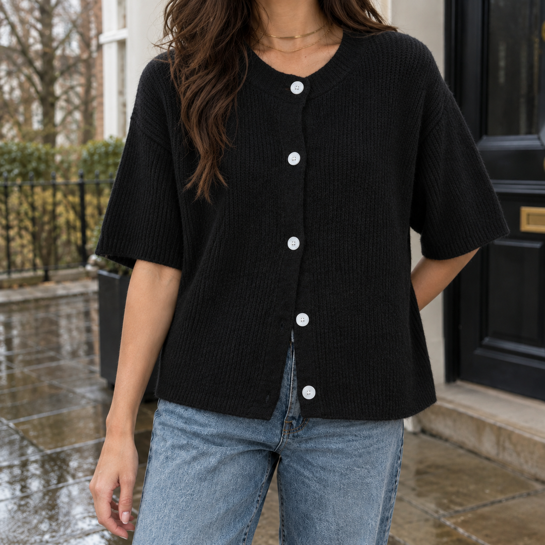 Eugenie Ribbed Cardigan - Black