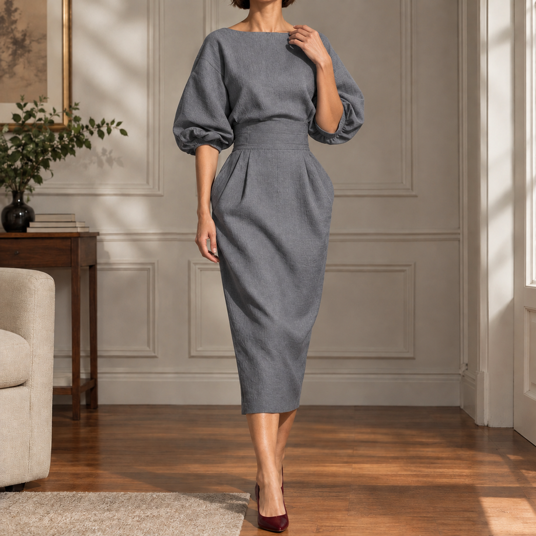 Rebekah Pleated Midi Dress - Gray