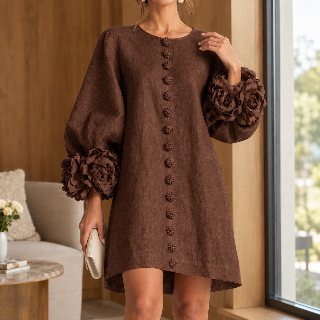 Tatiana Floral Cuff Dress - Brown