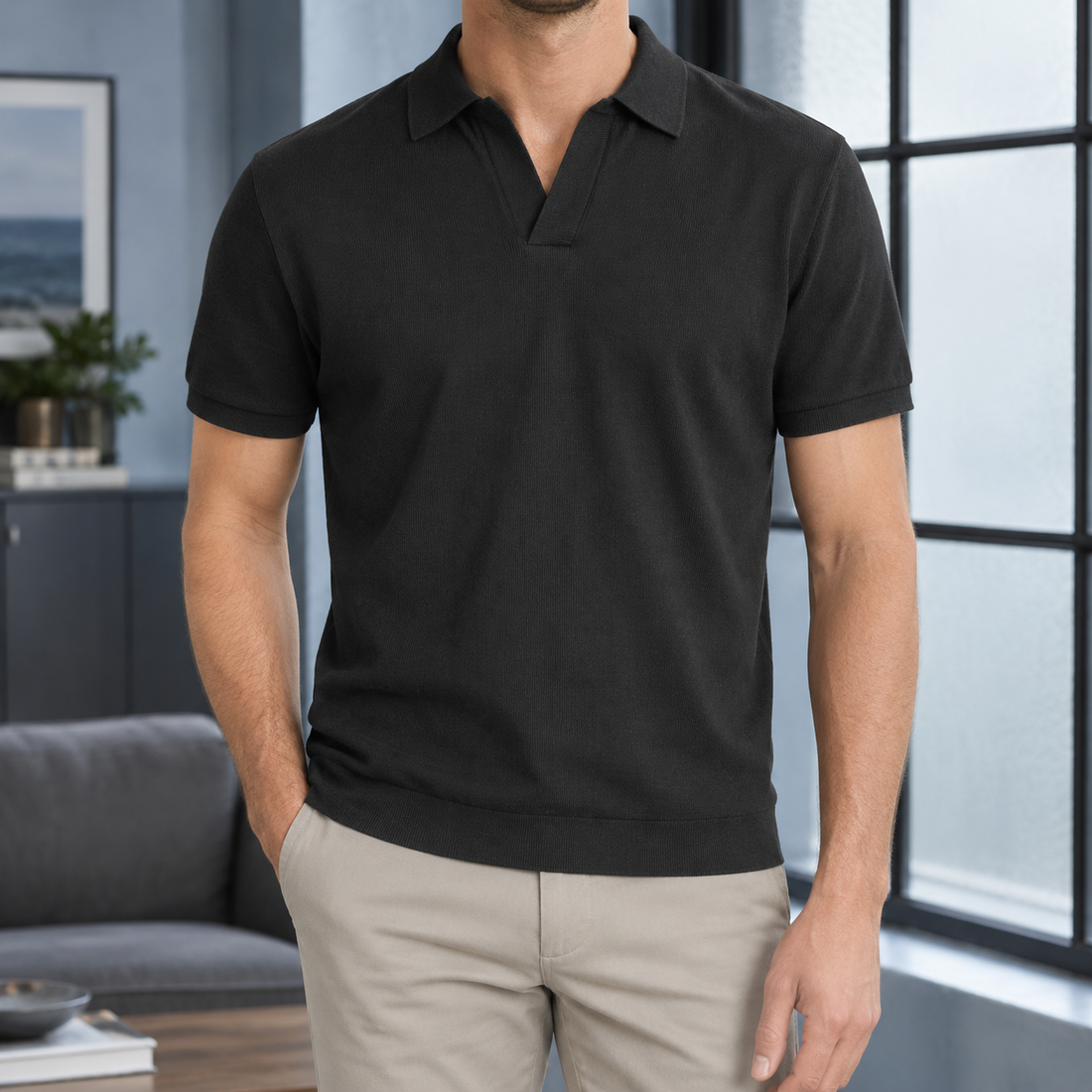 Rupert Open Collar Polo - Black