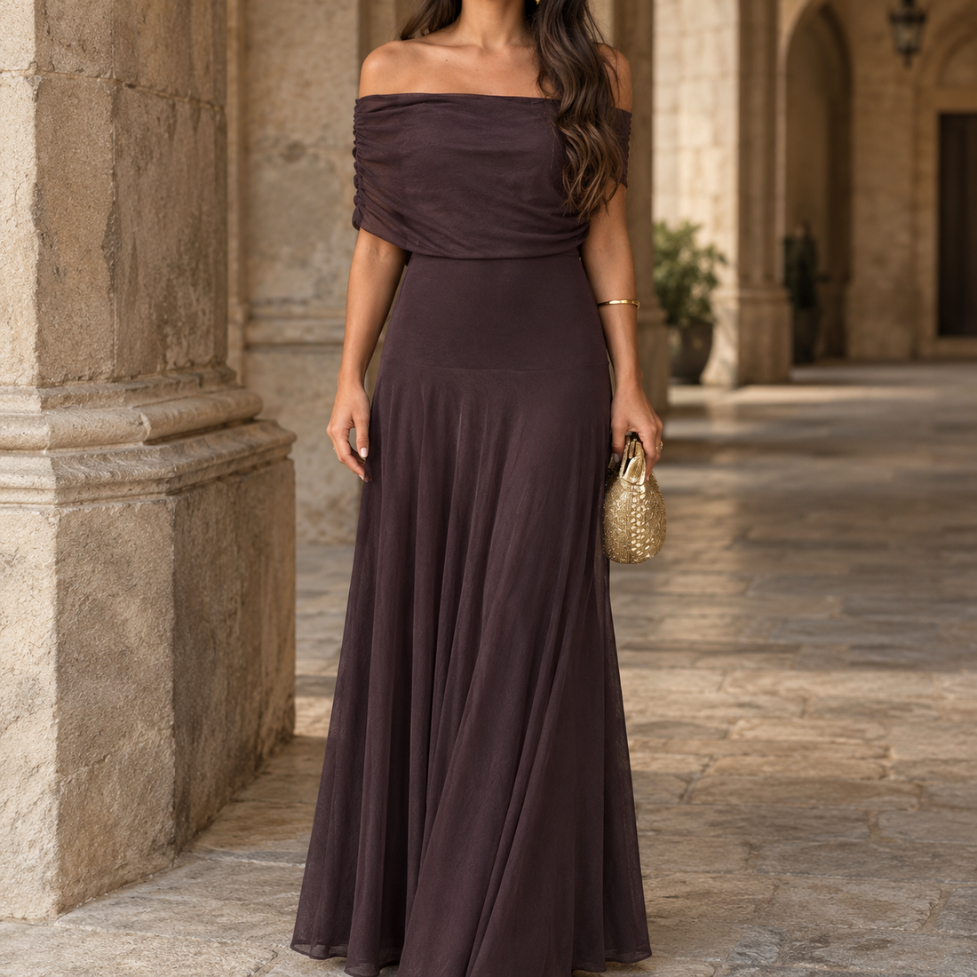 Liliana Off-Shoulder Dress - Coffee Brown