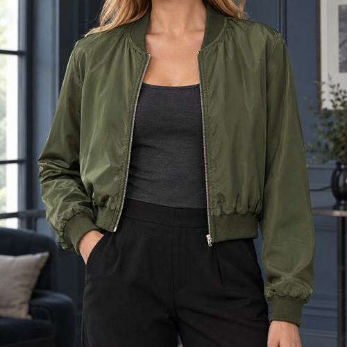 Briony Cropped Bomber Jacket - Army Green