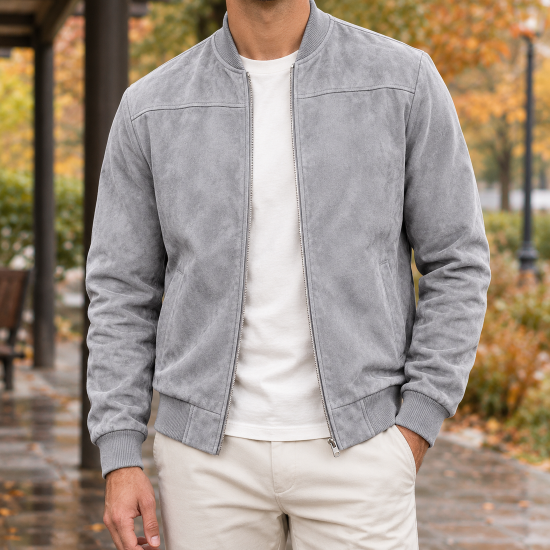 Reece Suede Bomber Jacket - Light Gray