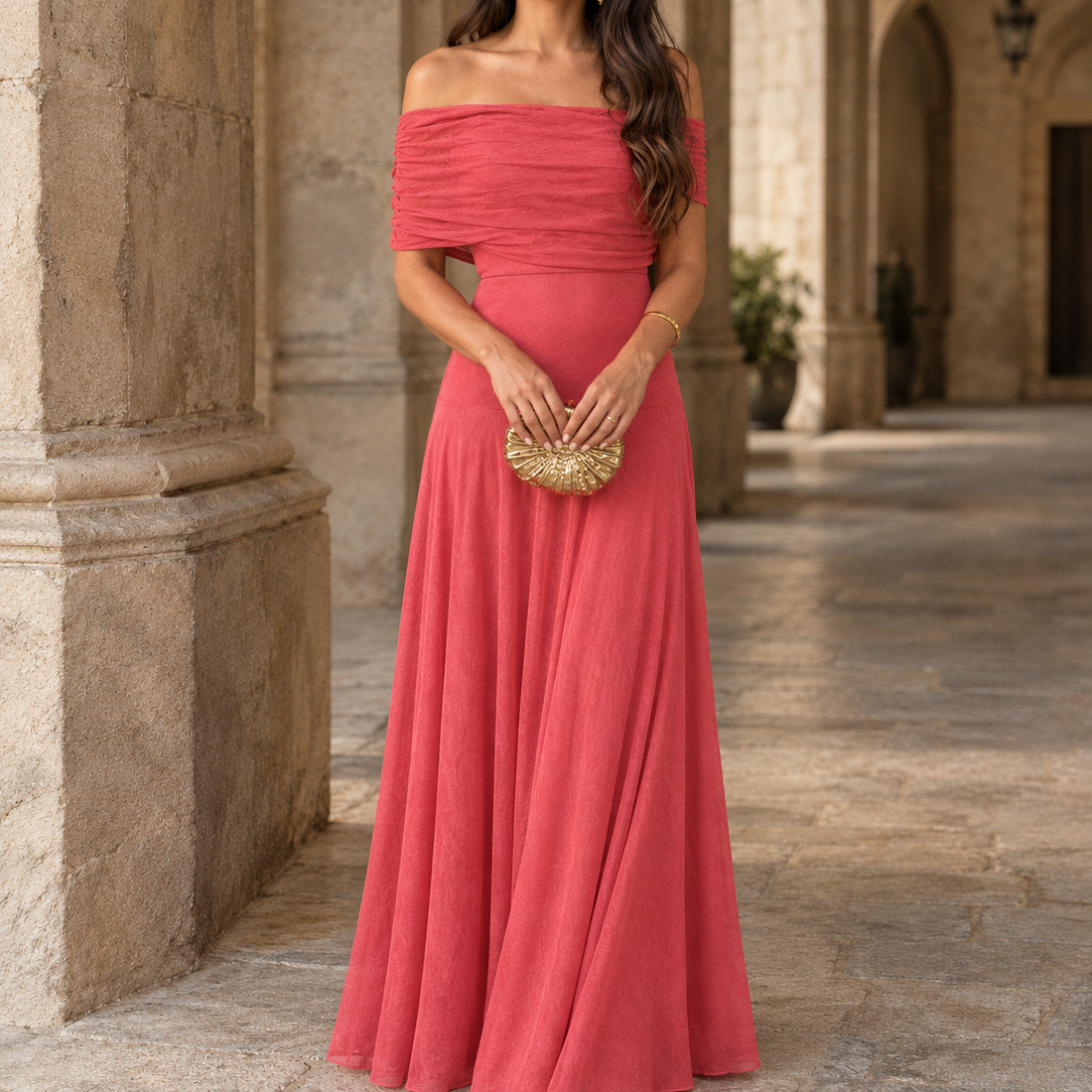 Liliana Off-Shoulder Dress - Coral Red