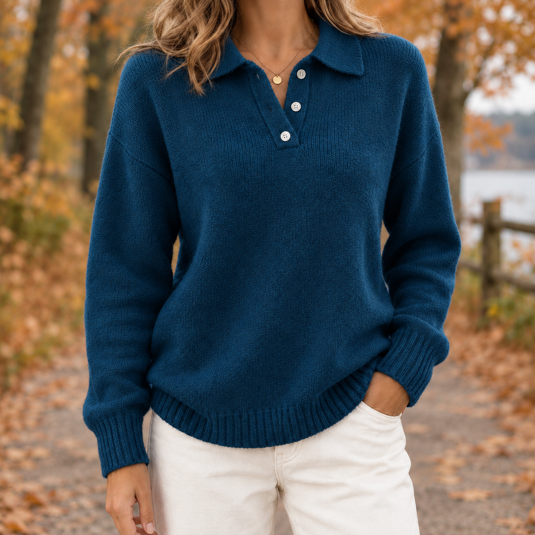 Danielle Relaxed Polo Sweater - Navy Blue