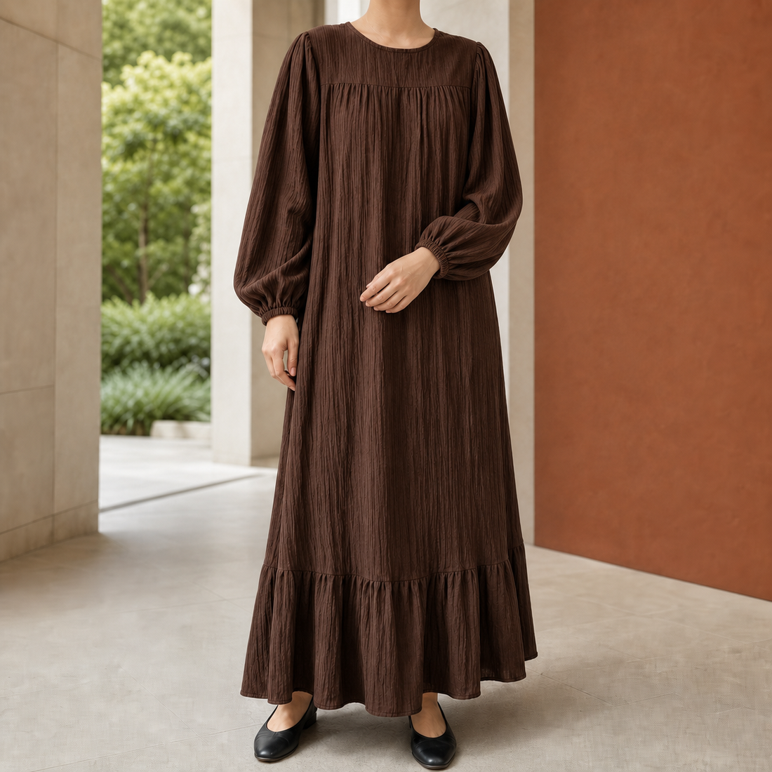 Nadine Ruffle Hem Dress - Brown