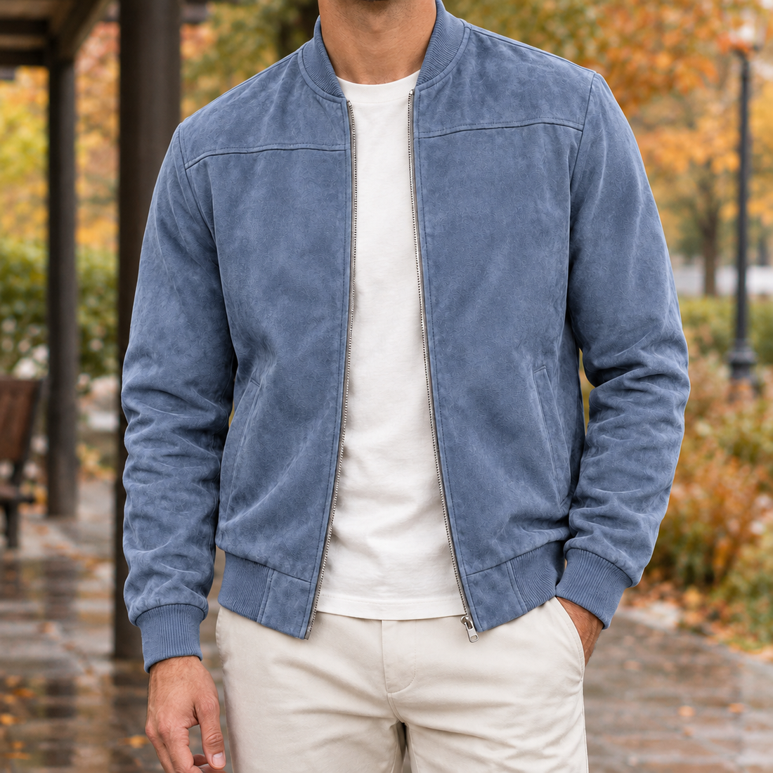 Reece Suede Bomber Jacket - Denim Blue