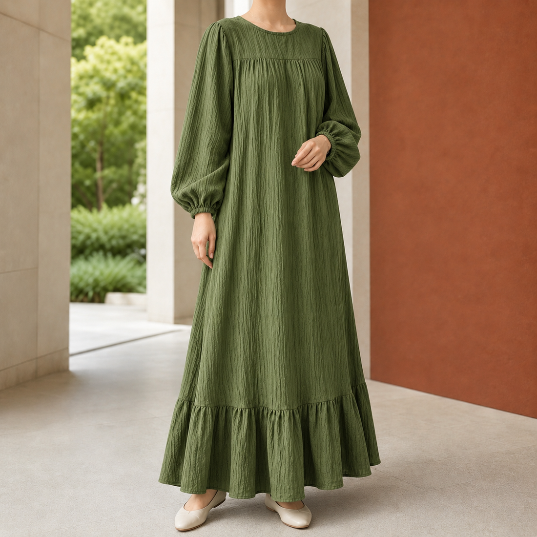 Nadine Ruffle Hem Dress - Army Green