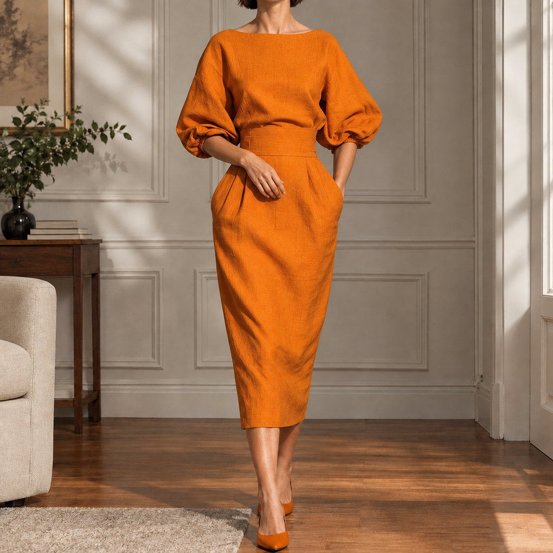 Rebekah Pleated Midi Dress - Orange