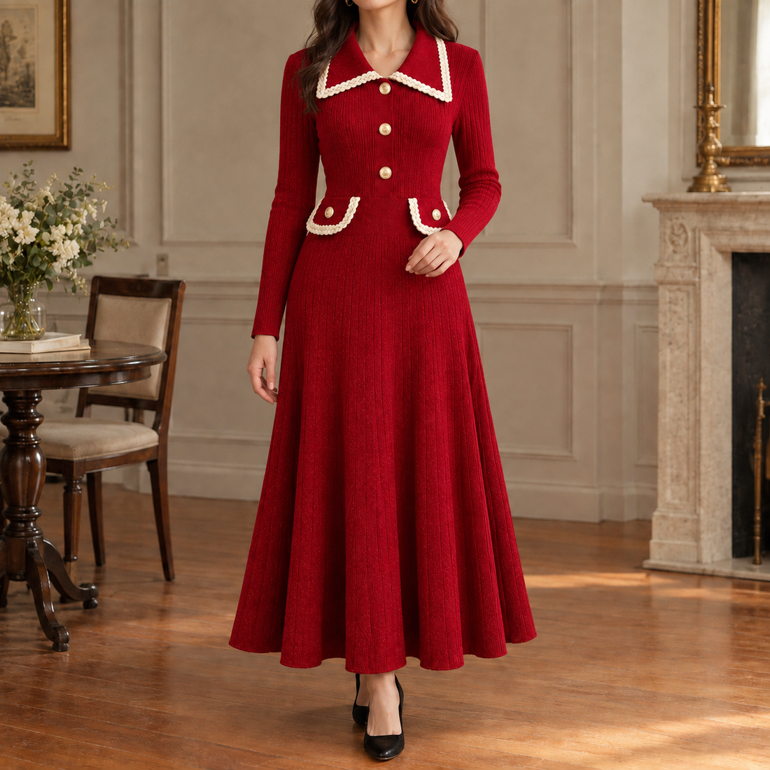 Cosima Ribbed Midi Dress - Red