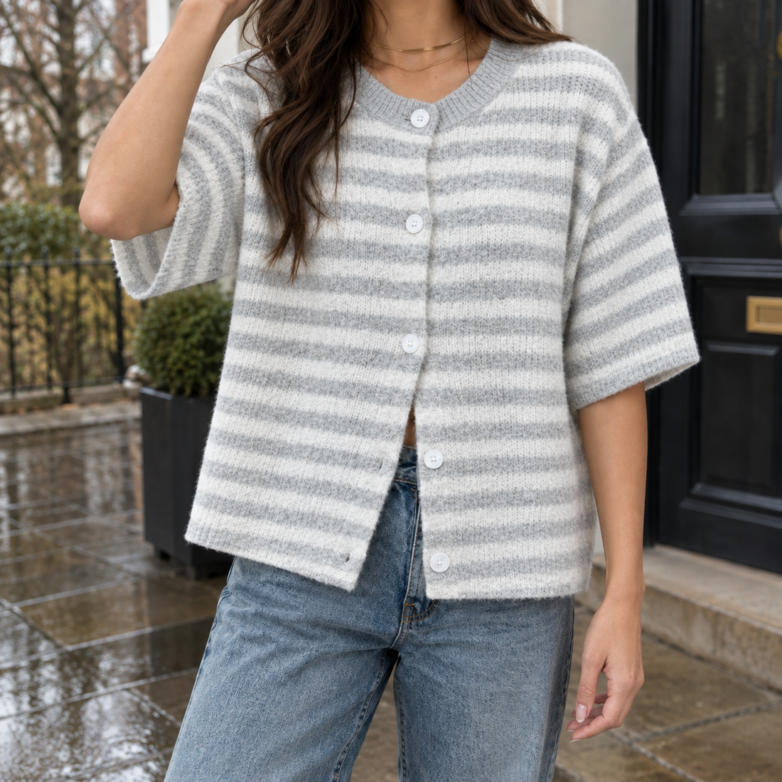 Eugenie Ribbed Cardigan - Gray Stripes