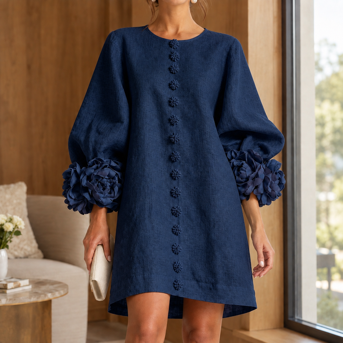Tatiana Floral Cuff Dress - Navy Blue