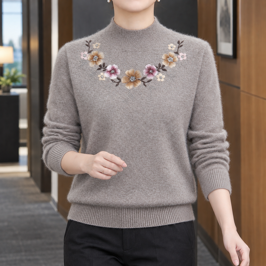 Leonie Cashmere Sweater - Gray Floral