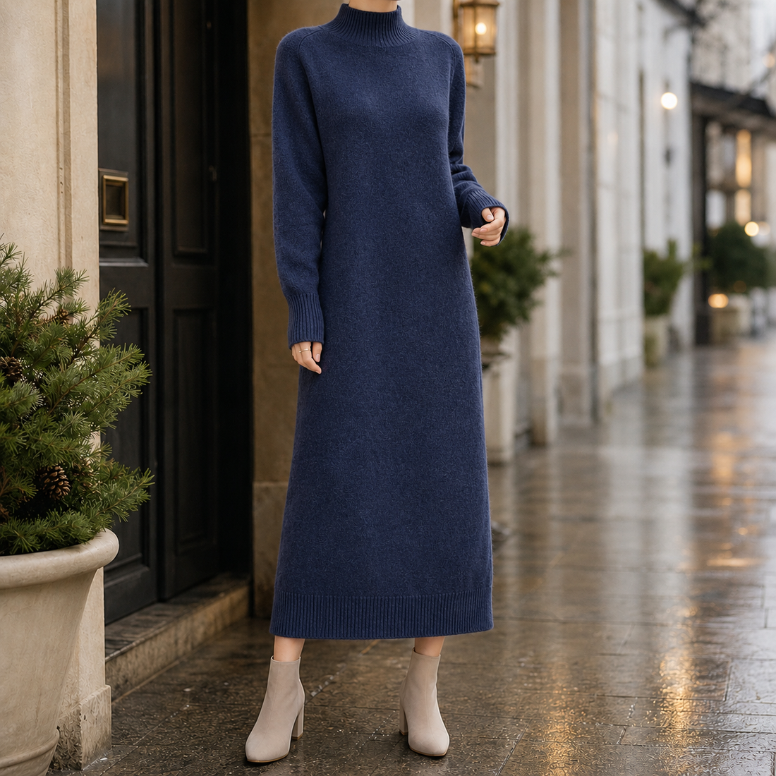 Kiera Mock Neck Dress - Navy Blue